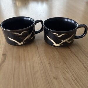 2 Otagiri Coffee Short Wide Mugs Black Seagull 12 oz Vintage Beach Ocean Harbor